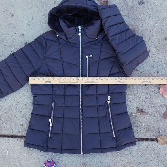Calvin Klein Black Puffer Coat Women's L Faux Fur Hood Water Resistant - Picture 8 of 12